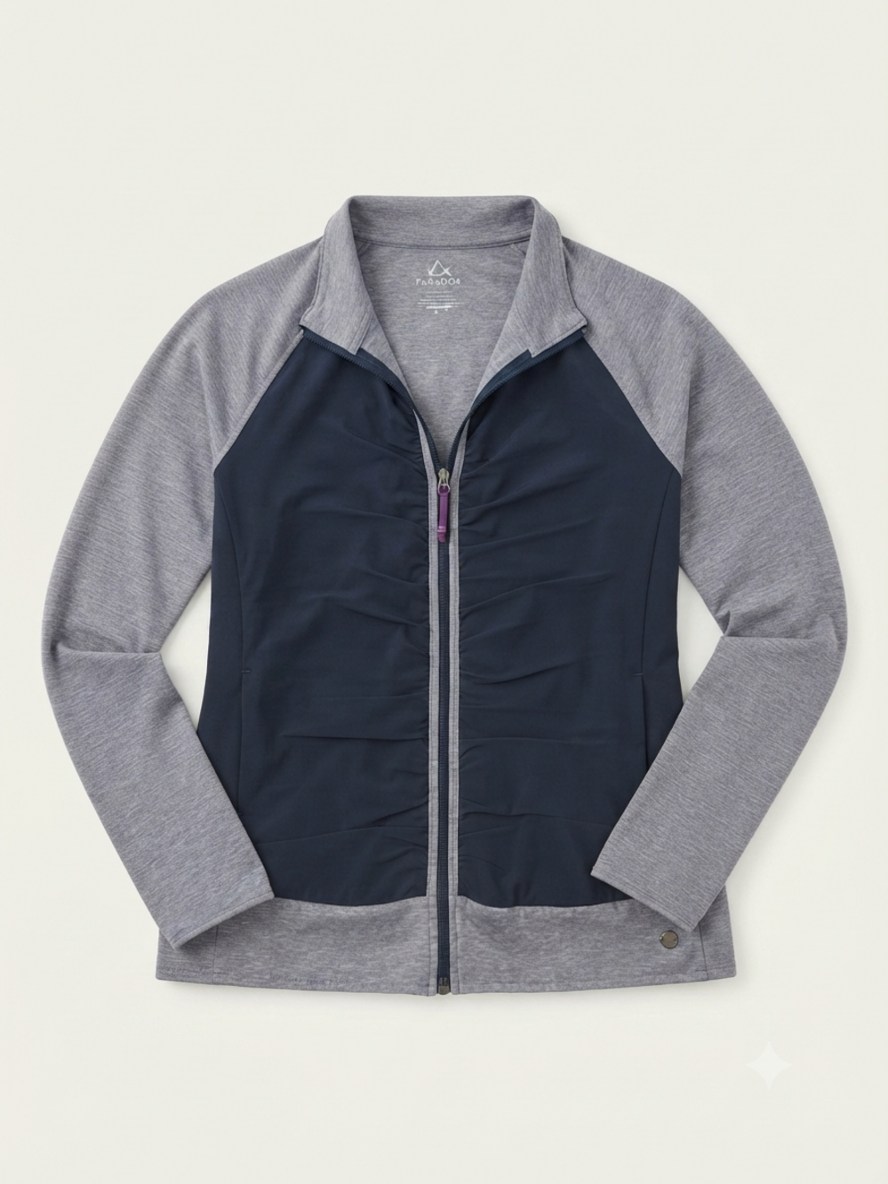 Paradox grey and navy full zip athletic jacket with purple zipper pull